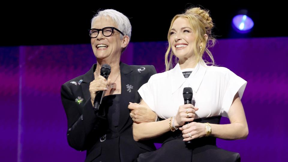 Jamie Lee Curtis and Lindsay Lohan appear at the Disney Entertainment Showcase at D23: The Ultimate Disney Fan Event in Anaheim, California on August 09, 2024. 